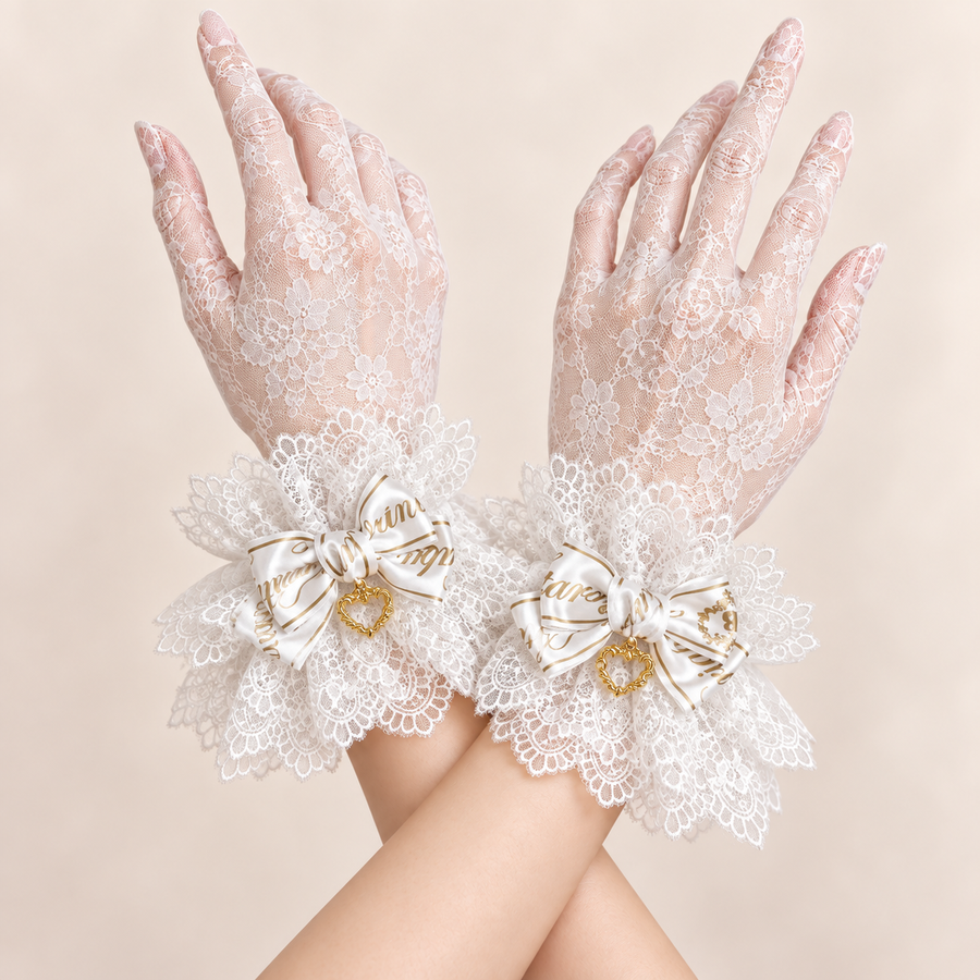 White lace gloves and sleeves with white gold striped heart bows, hands upward