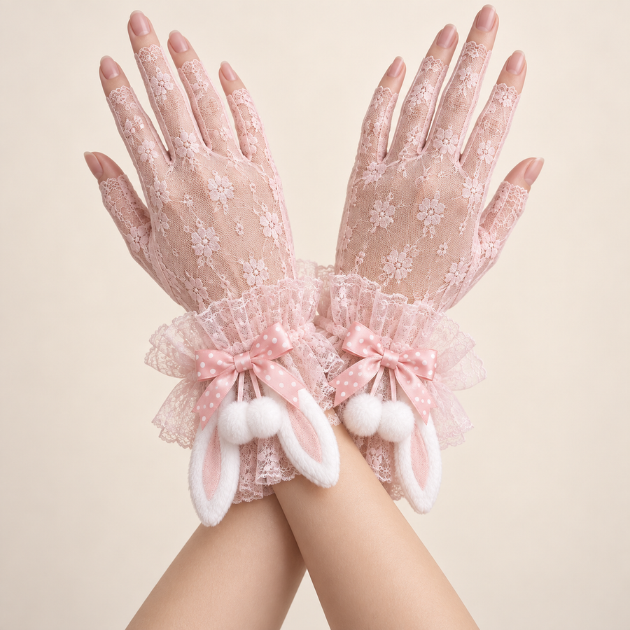 Pink Pompom Bunny sleeves with pink lace gloves
