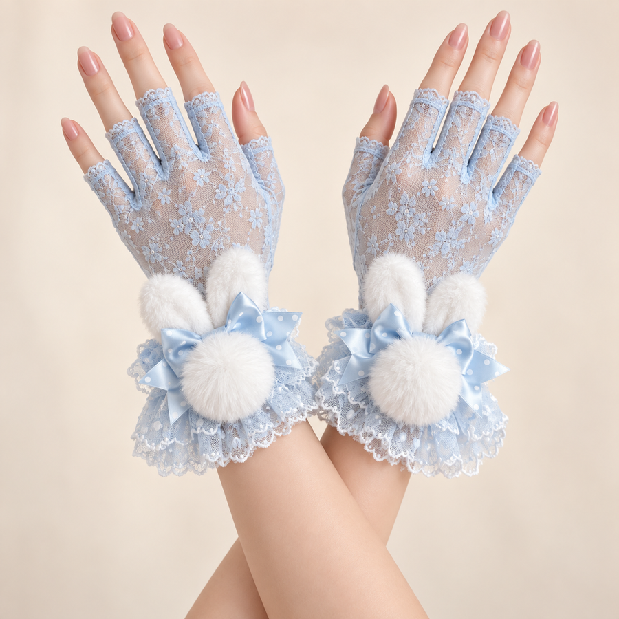 Blue Pompom Bunny sleeves with blue lace gloves