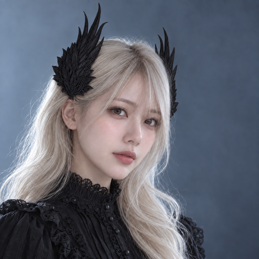 Black angel wing feather hair clips worn by an adult model