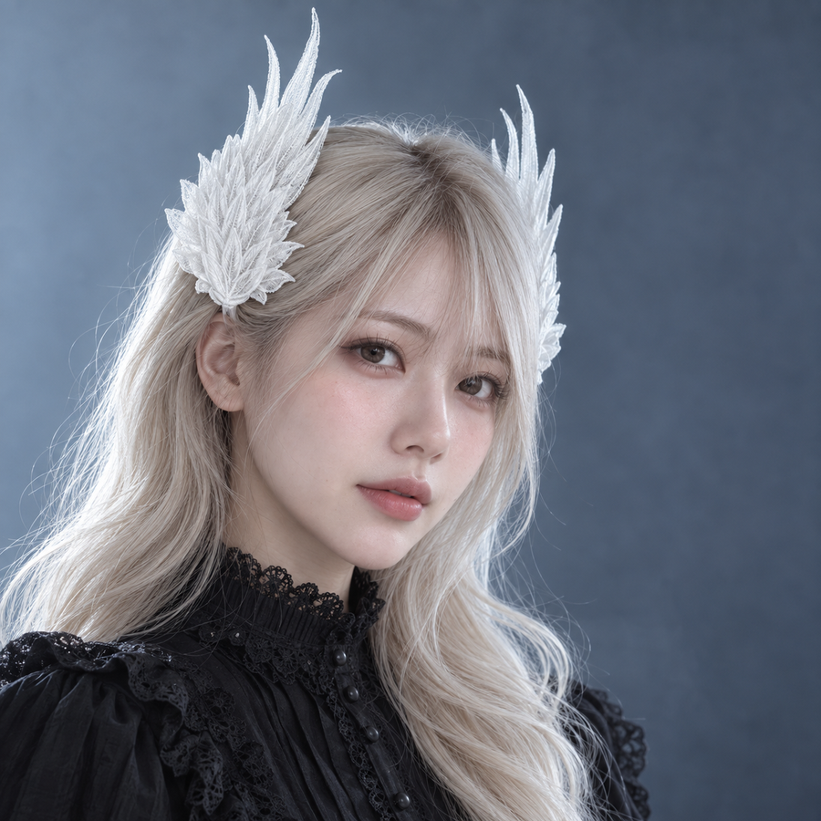 White angel wing feather hair clips worn by an adult model