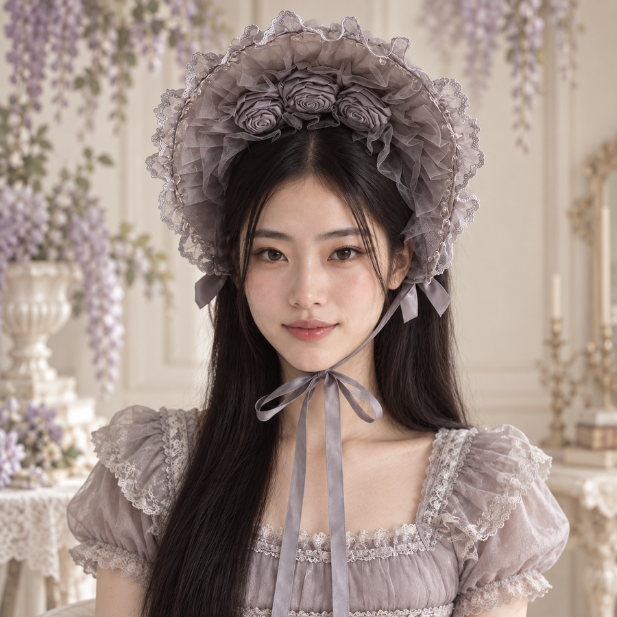 Wisteria Rain smoky lavender ruffle Lolita bonnet with three satin rosettes on an adult model
