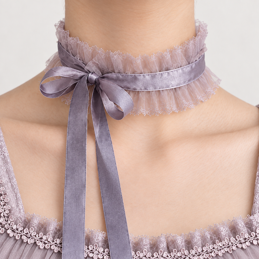 Wisteria Rain lavender ruffle choker close-up on an adult neck, no head or face