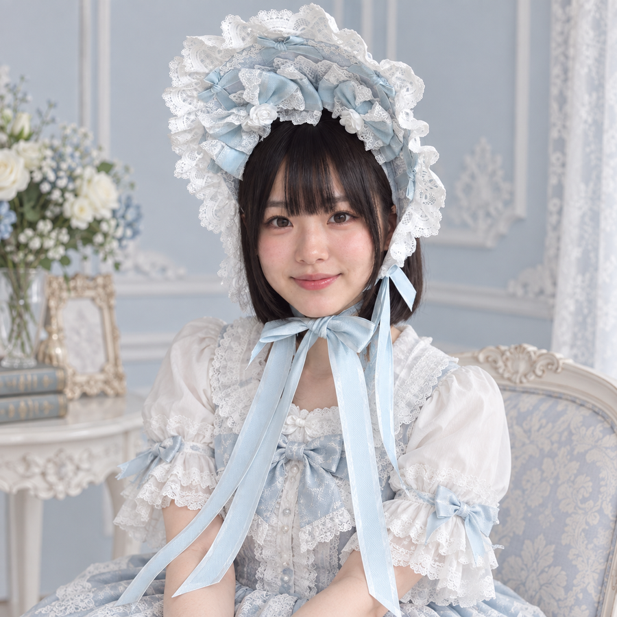 Christmas Bridal Lace powder blue bonnet with white lace on an adult model