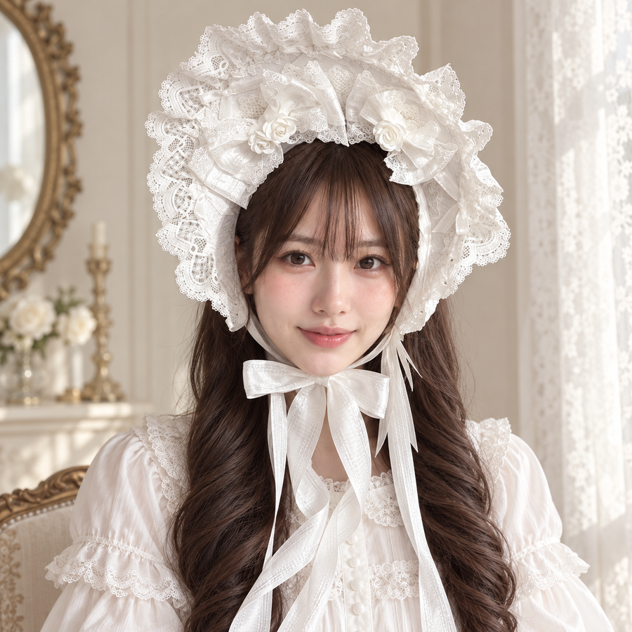 Christmas Bridal Lace white bonnet with layered lace and ribbon bows on an adult model