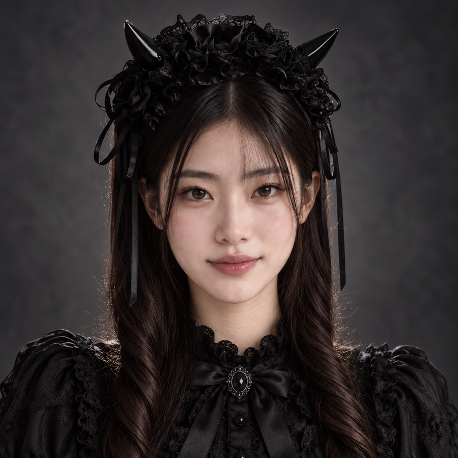 Black and black Gothic devil horn ruffle headband on an adult model