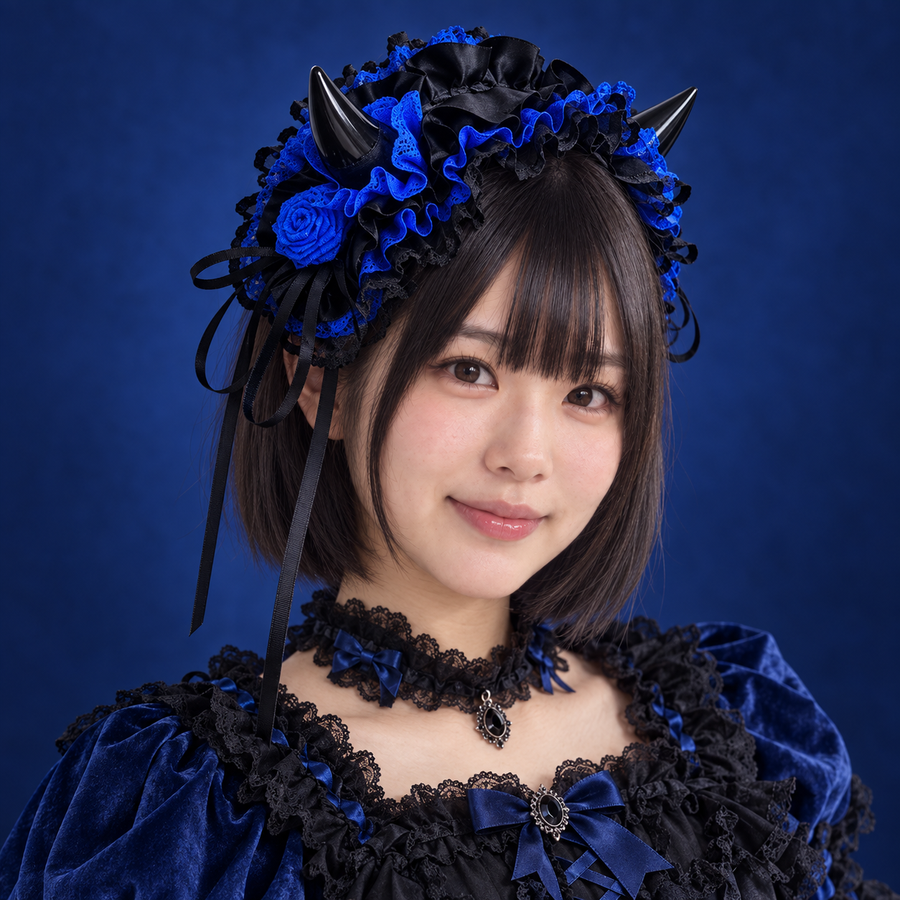 Black and Klein blue Gothic devil horn ruffle headband on an adult model