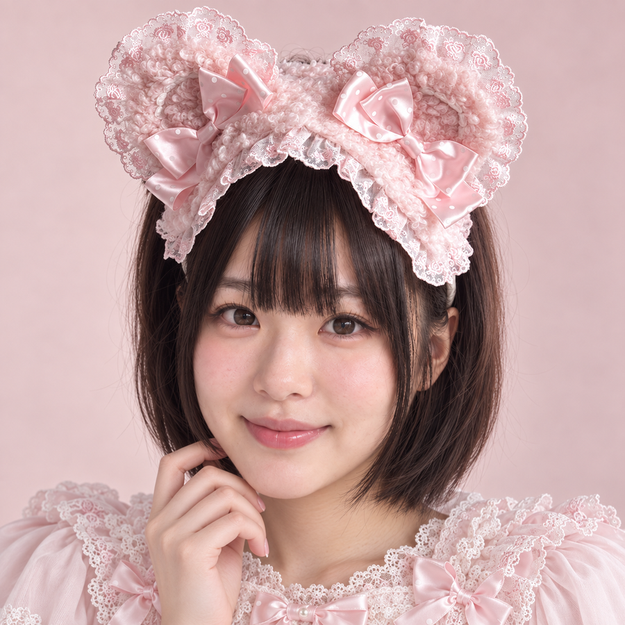 Pink plush bear ear headband with pink lace and bows on an adult model