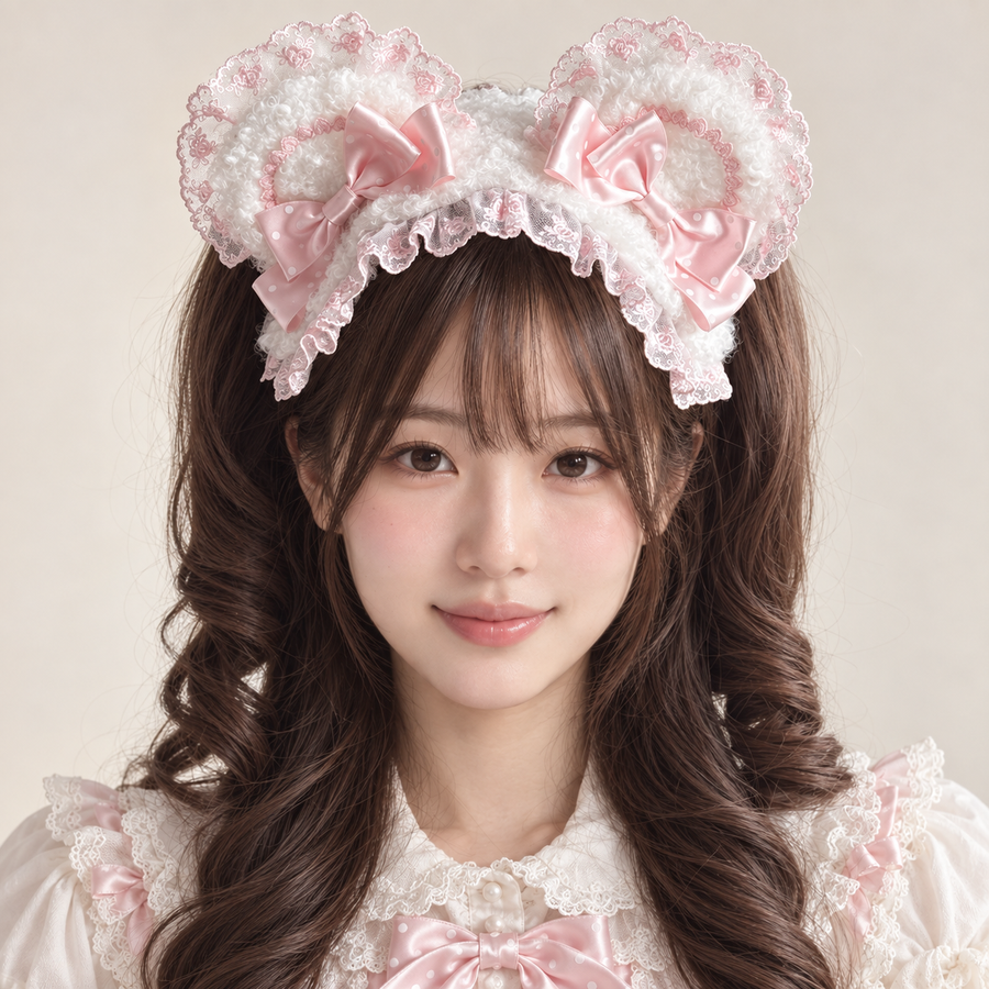 White plush bear ear headband with pink lace and bows on an adult model