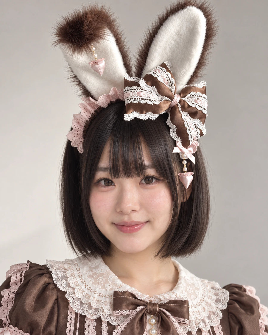 Pink Chocolate bunny ear Lolita headband worn by Bowlita model
