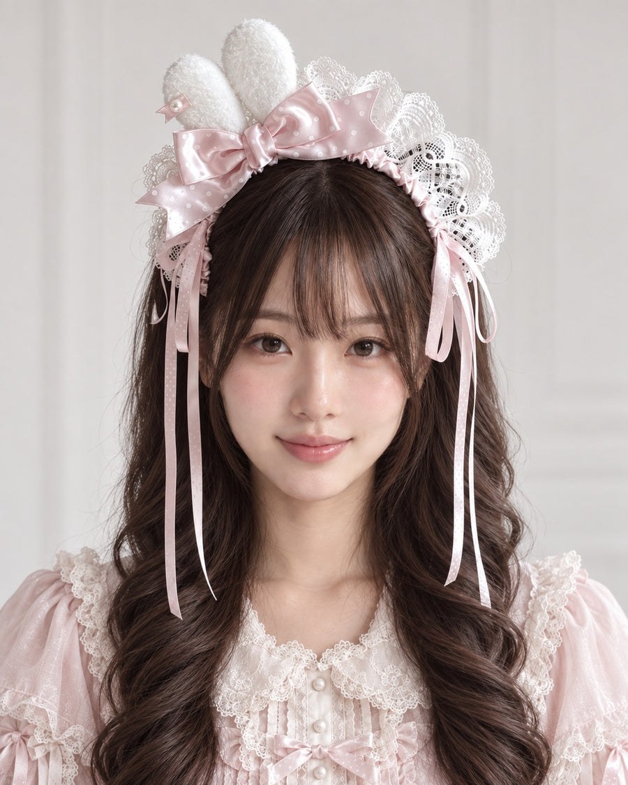 Pink polka dot mini bunny ear Lolita headband worn by Bowlita model