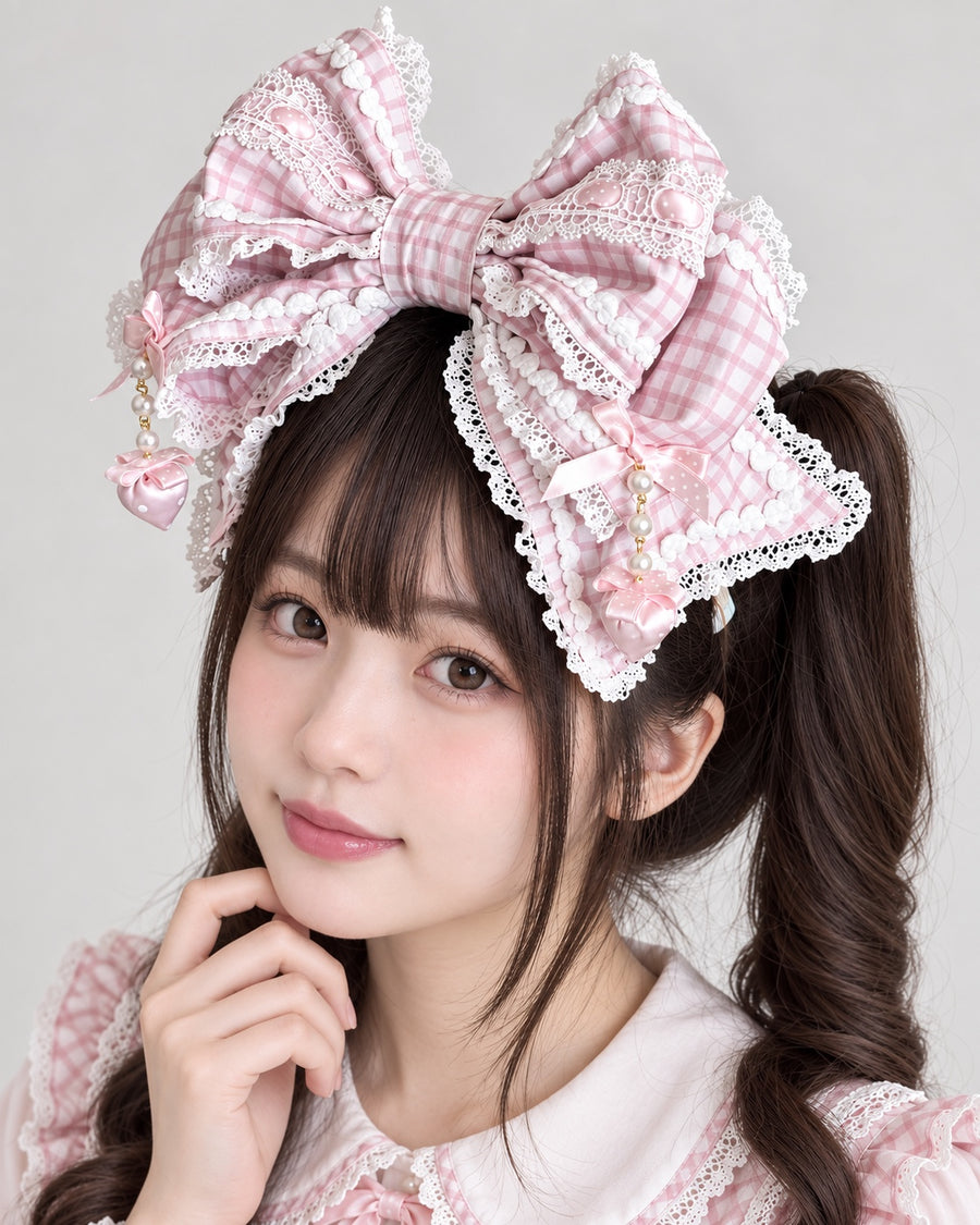Pink plaid Strawberry Momo Party Lolita KC headband in a sharp product-led portrait