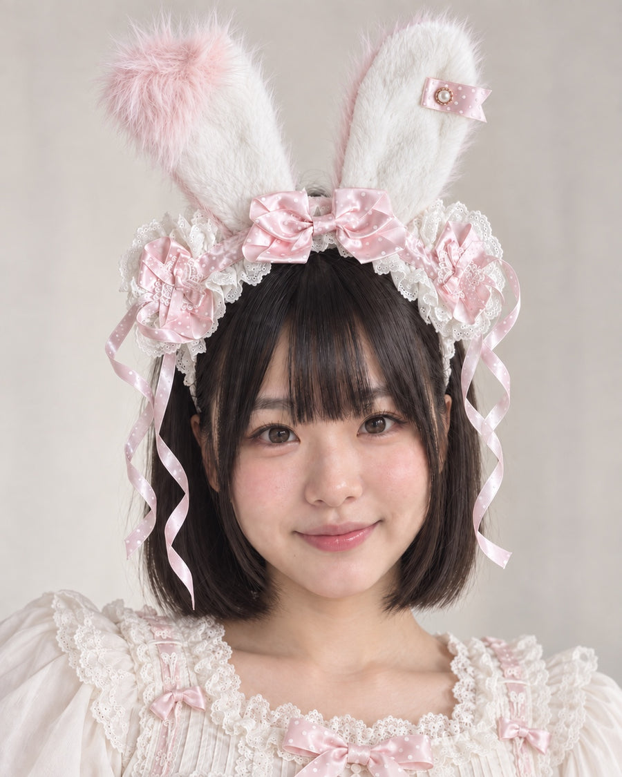 Pink polka dot pink and white plush bunny ear Lolita headband worn by Bowlita model