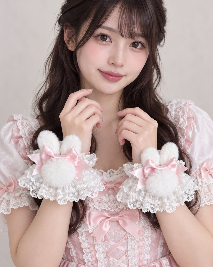 Pink polka dot white plush bunny ear Lolita sleeves worn by Bowlita model