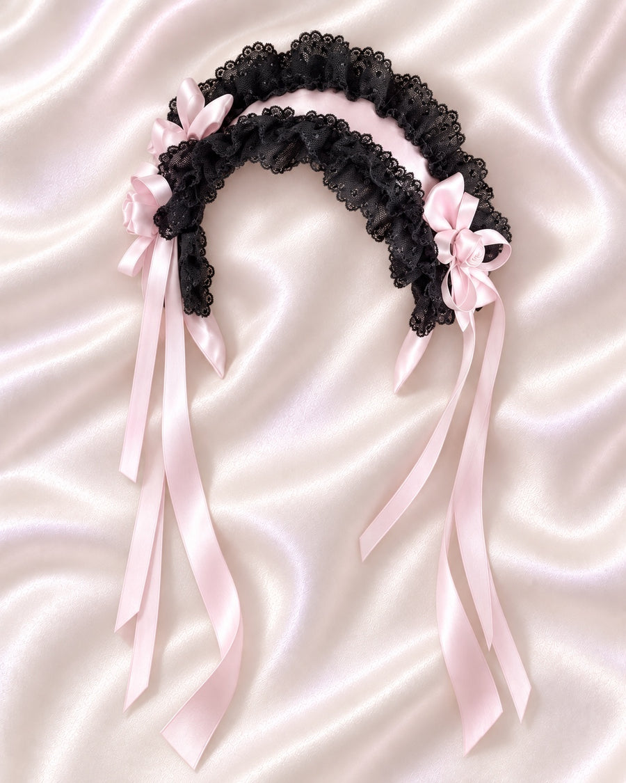 Satin Ballet variant: black and pink Lolita bow headband