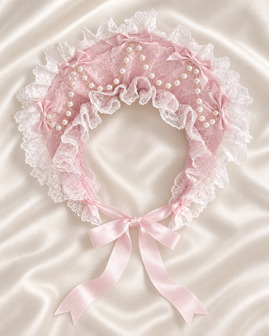 Sea of Dreams variant: baby-pink lace Lolita bonnet with bows and pearls