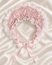 Sea of Dreams variant: baby-pink lace Lolita bonnet with bows and pearls