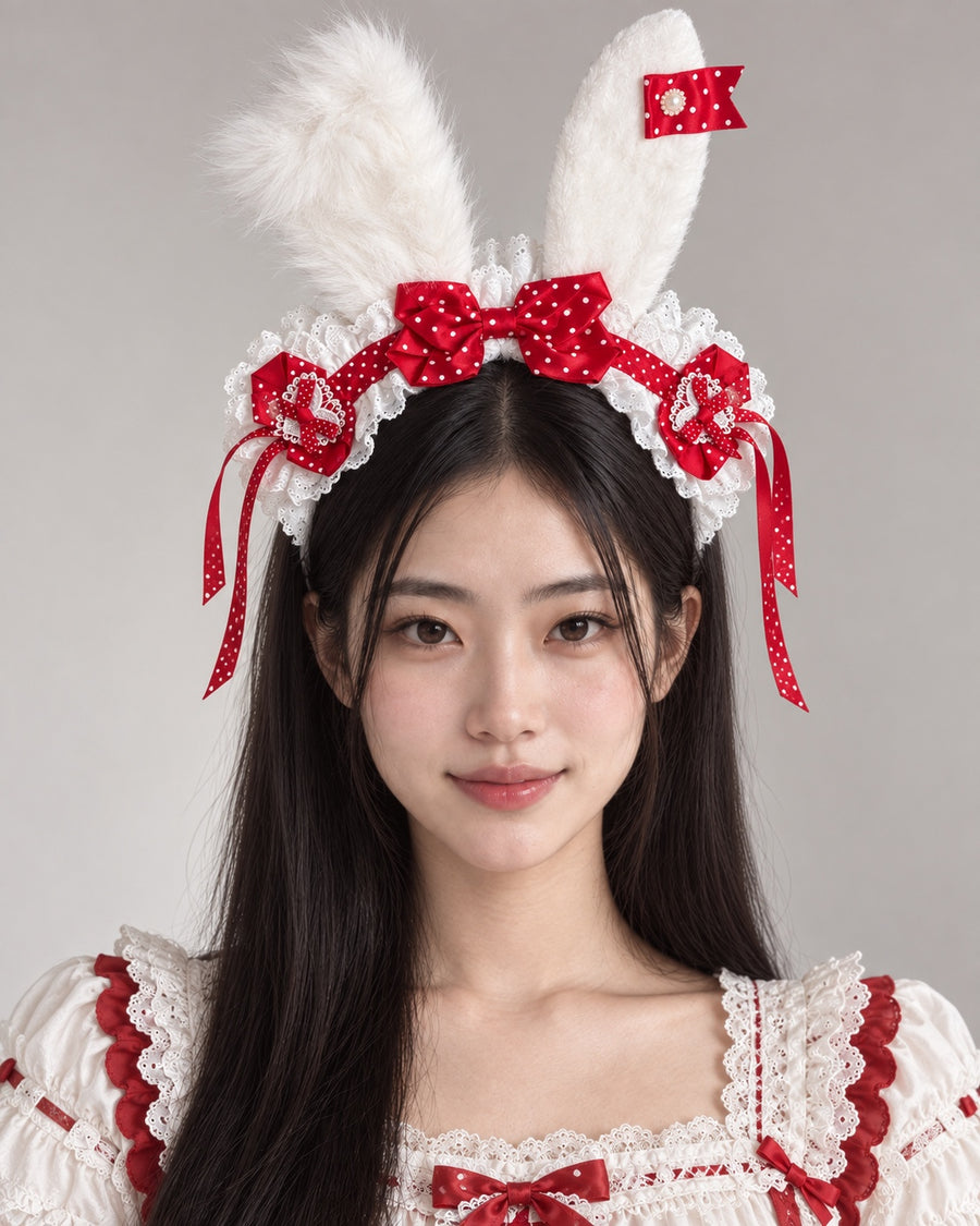 Strawberry red polka dot plush bunny ear Lolita headband worn by Bowlita model